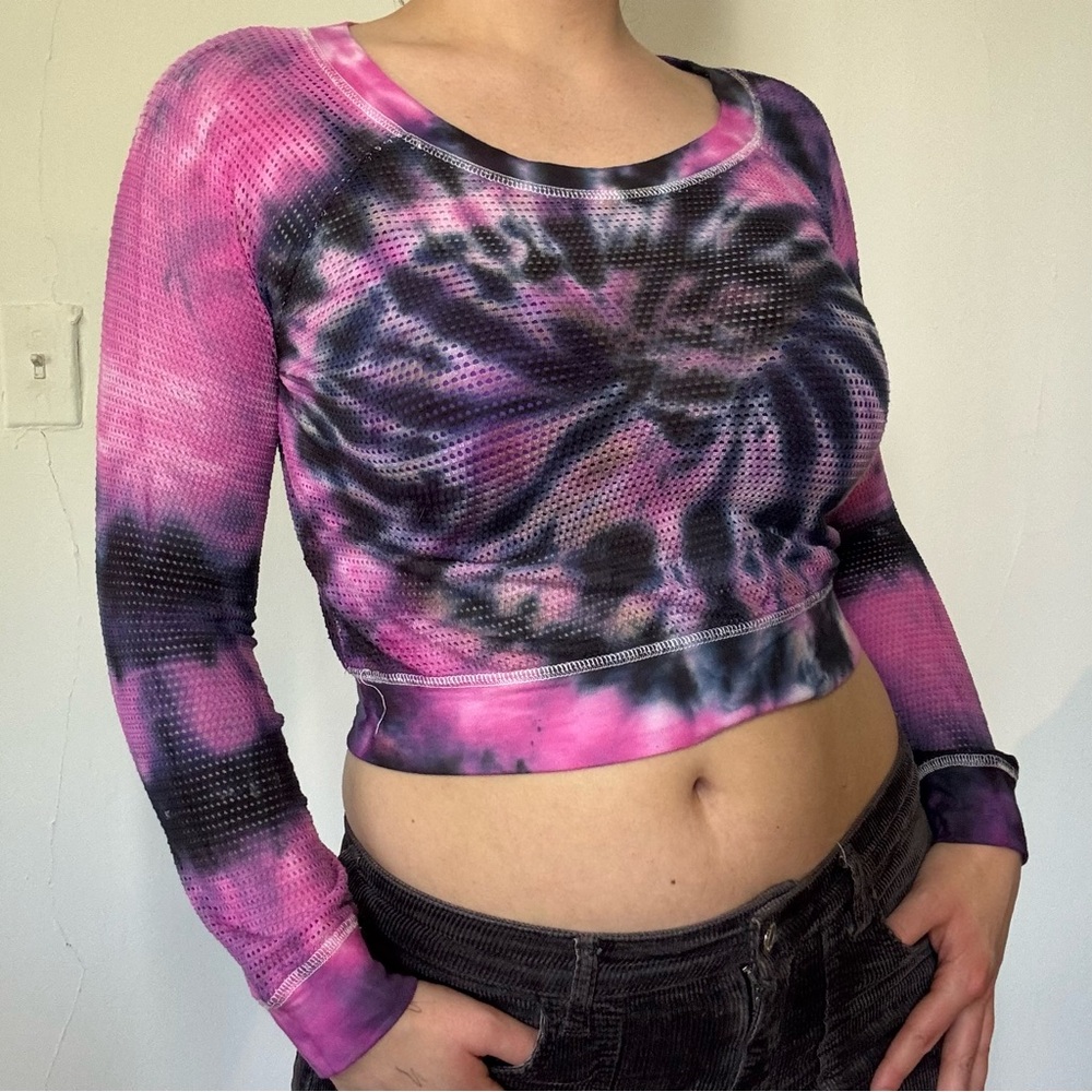 Hot Pink and Black Tie Dye Mesh Crop Top